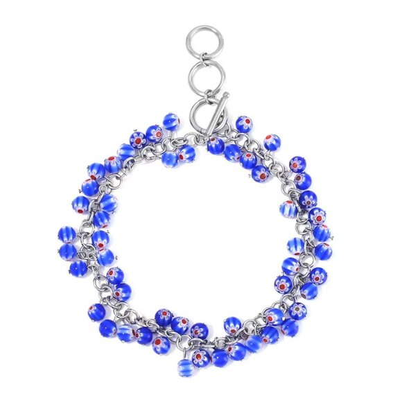 Jewelry - Blue Color Murano Style Toggle Clasp Bracelet in Stainless Steel